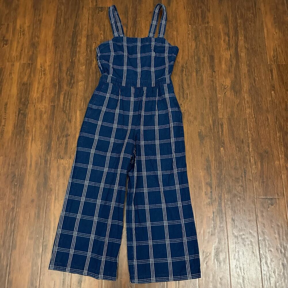J.CREW Jumpsuit Indigo Windowpane Cropped Wide Leg Cotton Sleeveless